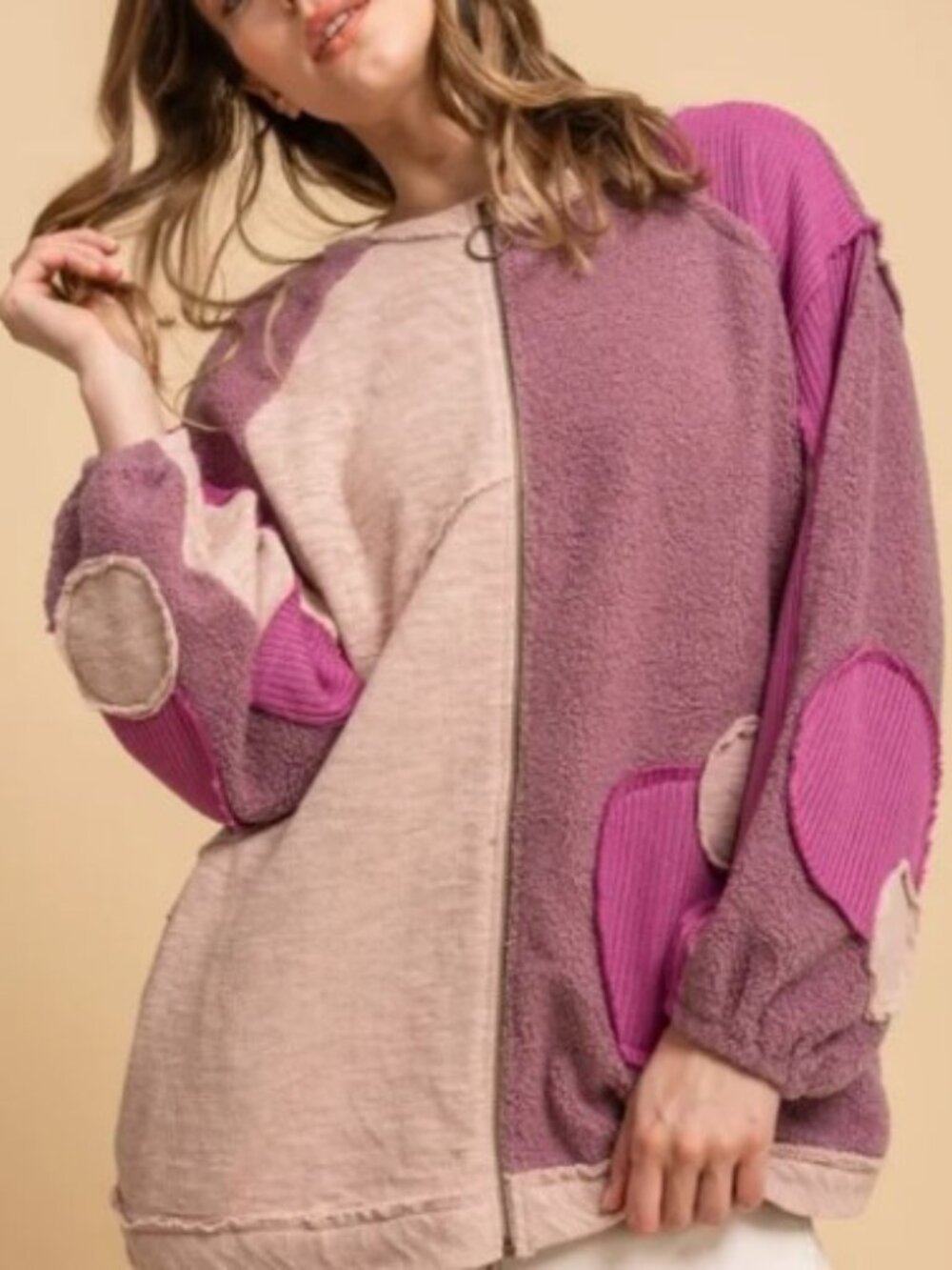 Patchwork Zip-Front Cardigan Sweater in Lavender and Cream